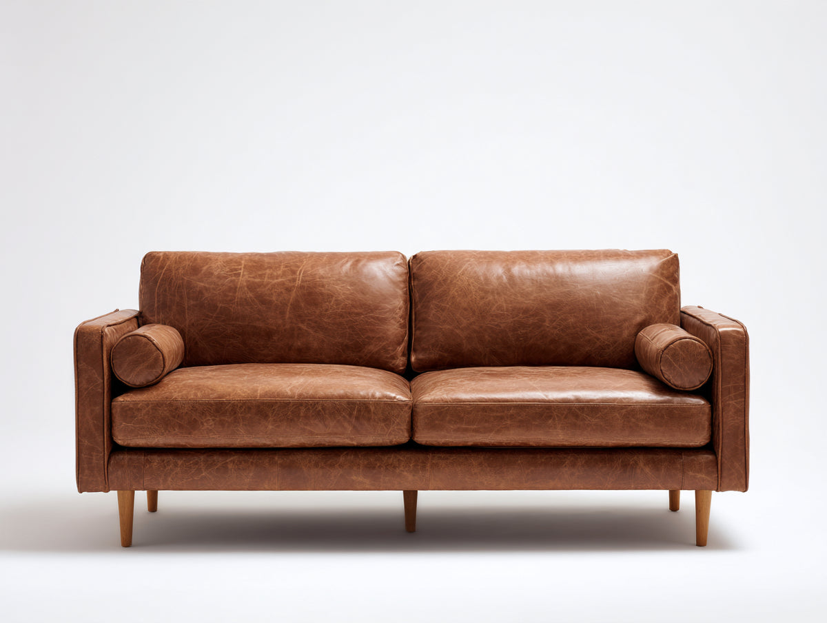 Sofás 2 plazas tapizados 180x88x85 cm - Marrón coñac - Efecto cuero envejecido con patas de madera