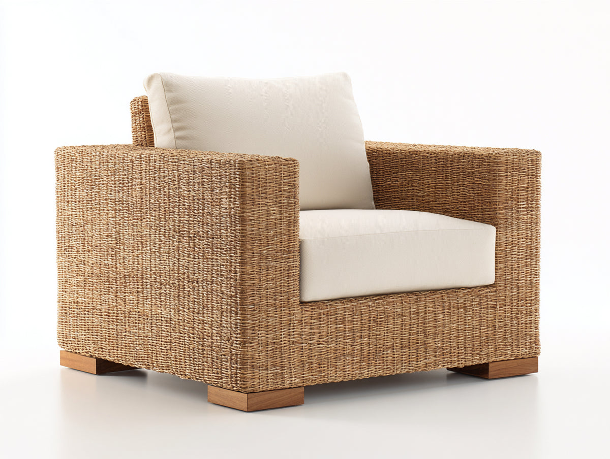 Sillones de ratán tejido 92x88x82 cm - Marrón natural-Blanco crema - Diseño moderno con reposabrazos anchos y asiento acolchado