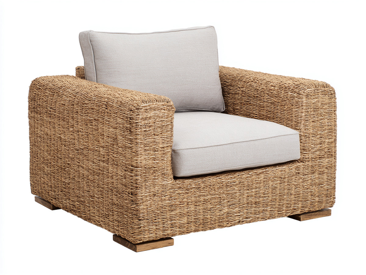 Sillones de ratán tejido 94x89x82 cm - Marrón natural-Beige claro - Diseño moderno con reposabrazos anchos y asiento acolchado