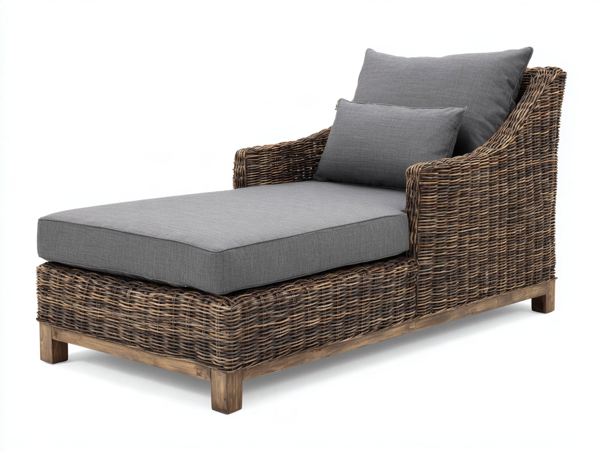 Tumbonas de ratán 175x80x92 cm - Marrón y gris - Acolchada con respaldo alto y reposabrazos