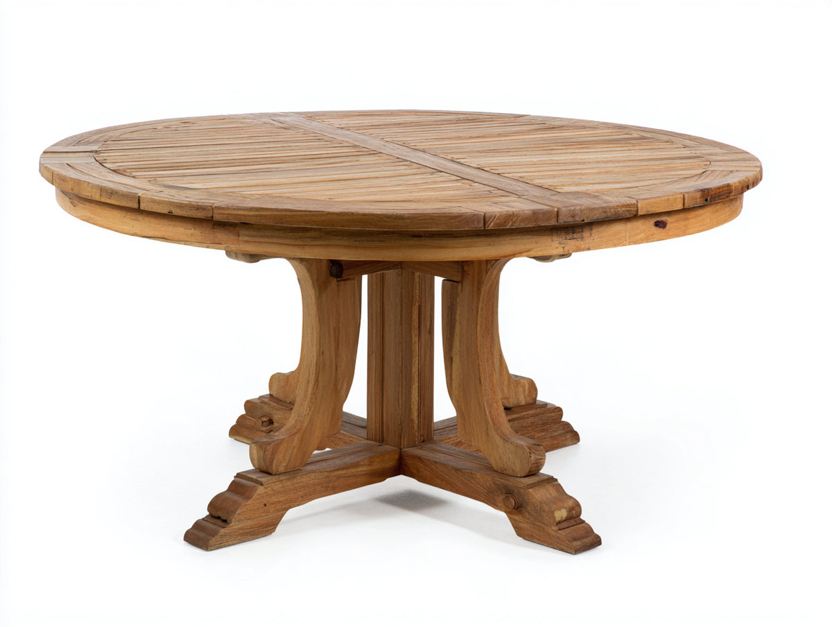 Mesas de jardín de madera maciza 140 x 140 x 76 cm - madera natural - mesa redonda con tablero de lamas y base central de estilo clásico