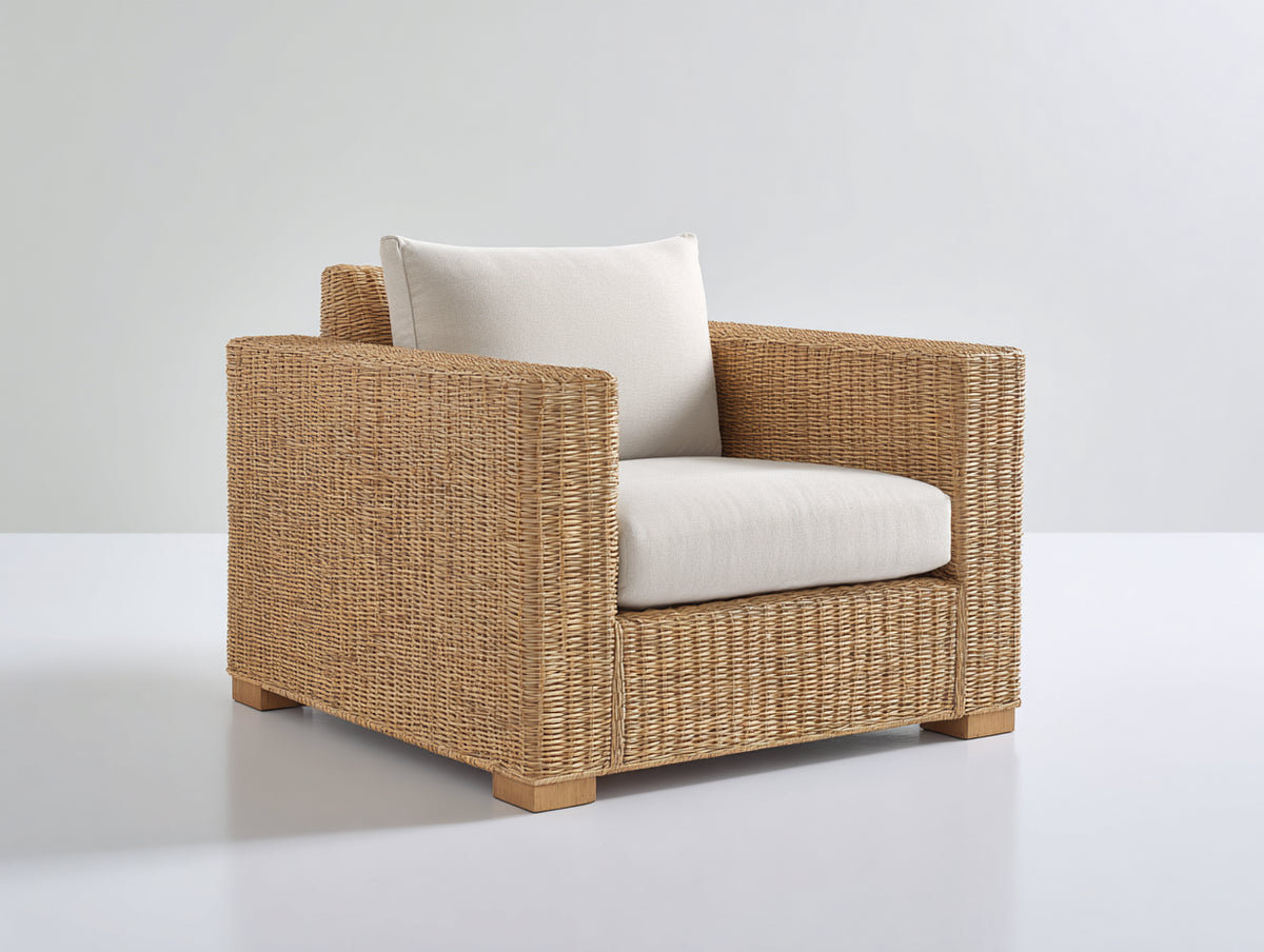 Sillones de ratán 90x85x78 cm - Ratán natural y beige - Diseño recto con asiento acolchado
