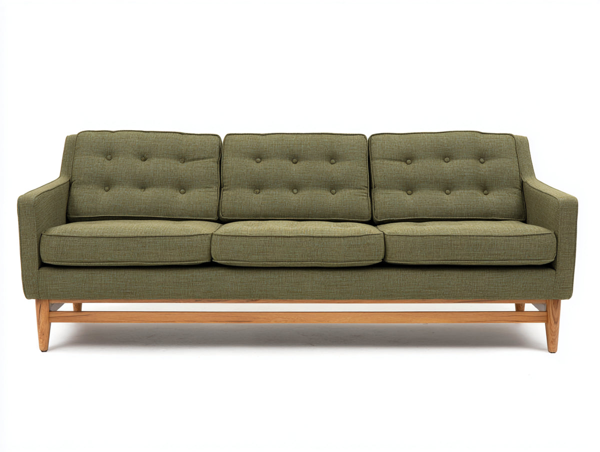 Sofás 3 plazas tapizado en tejido 220 x 90 x 85 cm - Verde oliva-Madera natural - Diseño moderno con respaldo capitoné y base de madera