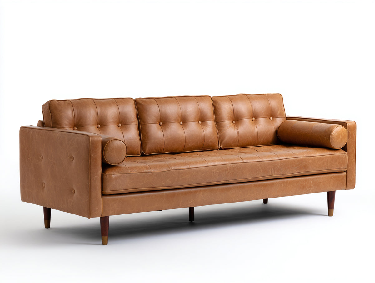 Sofás 3 plazas tapizado 215x90x84 cm - marrón coñac - diseño moderno con capitoné y patas de madera
