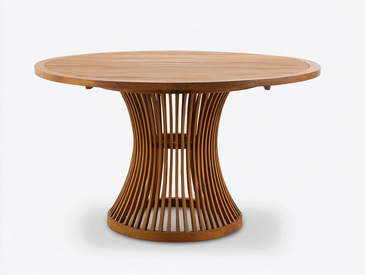 Mesas de jardín redonda de madera 150 x 150 x 75 cm - Madera natural - Diseño moderno con tablero de listones y base central curvada