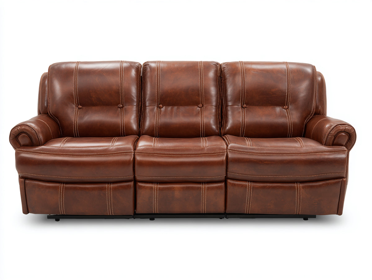 Sofás 3 plazas tapizado 220x97x102 cm - marrón coñac - diseño clásico con respaldo acolchado y costuras decorativas