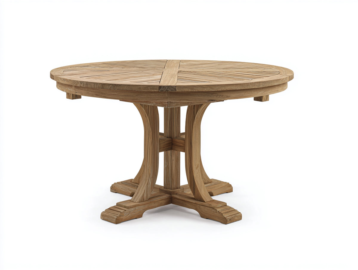 Mesas de jardín redonda de madera maciza 120x120x75 cm - Madera natural - Diseño clásico con tablero de listones y base central de 4 apoyos