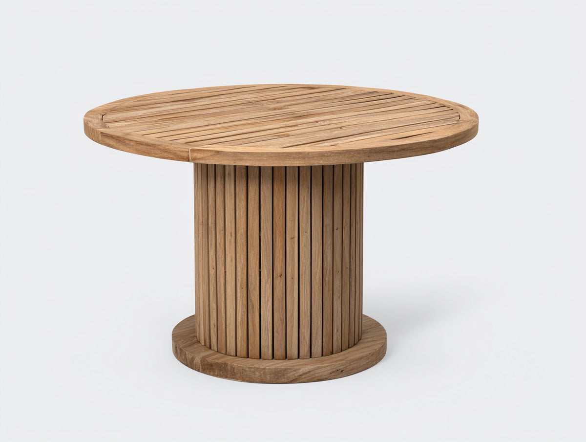 Mesas de jardín redonda de madera maciza 110x110x75 cm - Madera natural - Diseño moderno con tablero de listones y base cilíndrica acanalada