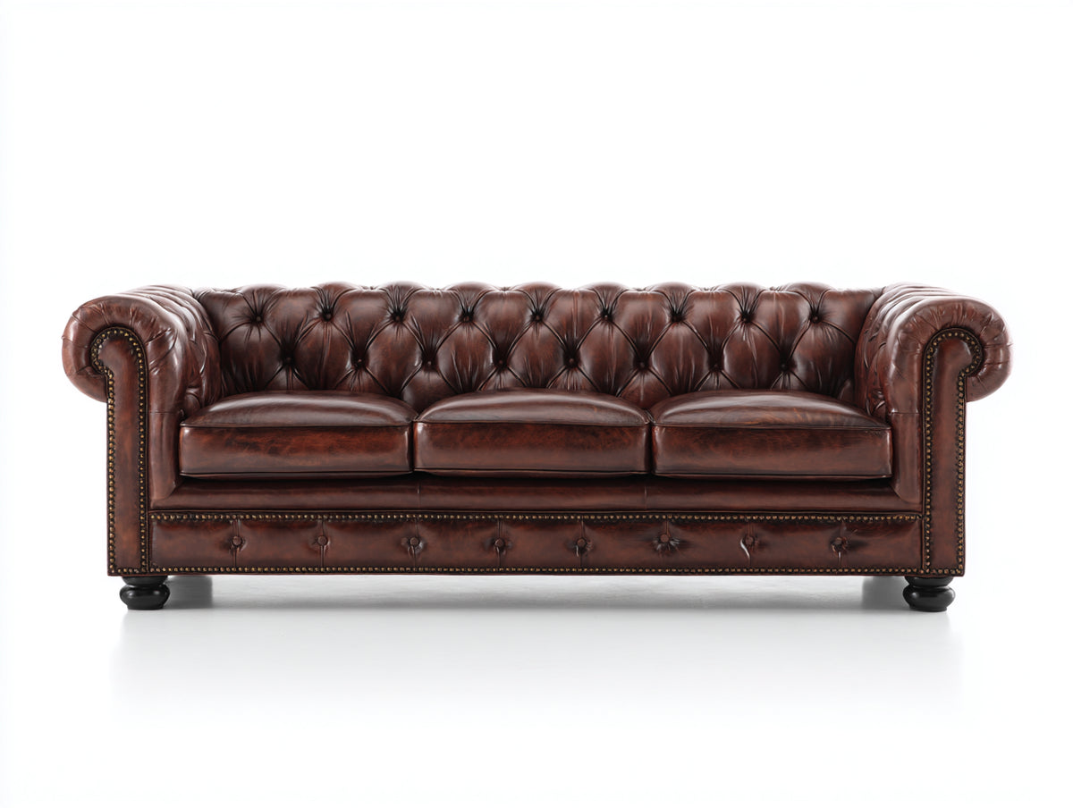 Sofás 3 plazas tapizado efecto cuero 225x95x82 cm - Marrón oscuro - Diseño Chesterfield con capitoné profundo y brazos enrollados