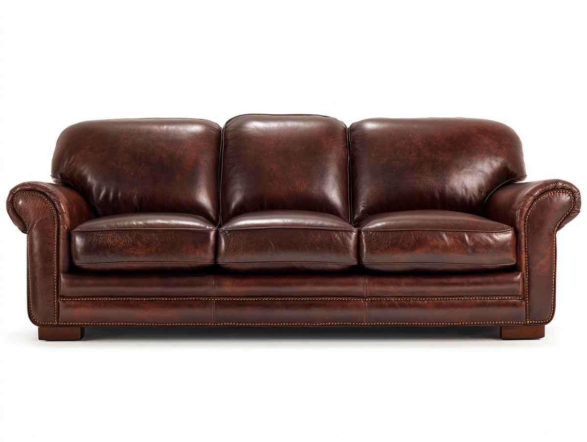 Sofás 3 plazas tapizado 222x96x91 cm - marrón oscuro - diseño clásico con reposabrazos curvos y detalles de tachuelas