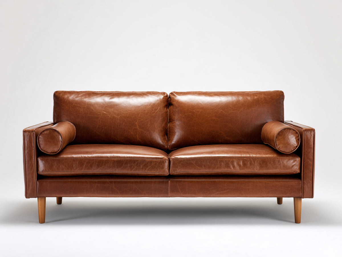 Sofás 2 plazas tapizados 182x88x84 cm - Marrón-Madera natural - Diseño moderno con acabado efecto cuero y patas altas