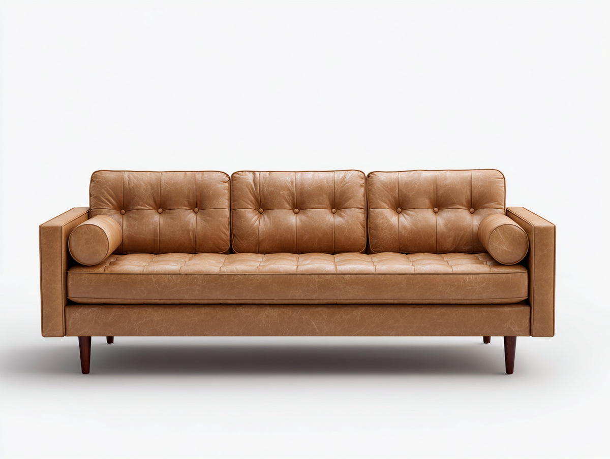 Sofás 3 plazas tapizado efecto cuero 218x90x84 cm - Marrón caramelo - Diseño moderno con respaldo capitoné y patas de madera