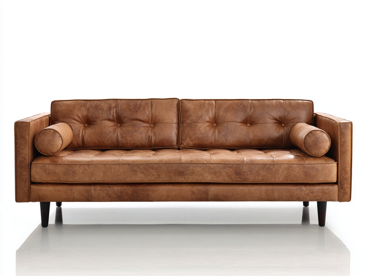 Sofás 3 plazas tapizado efecto cuero 220x91x84 cm - Marrón coñac - Diseño moderno con capitoné y patas de madera