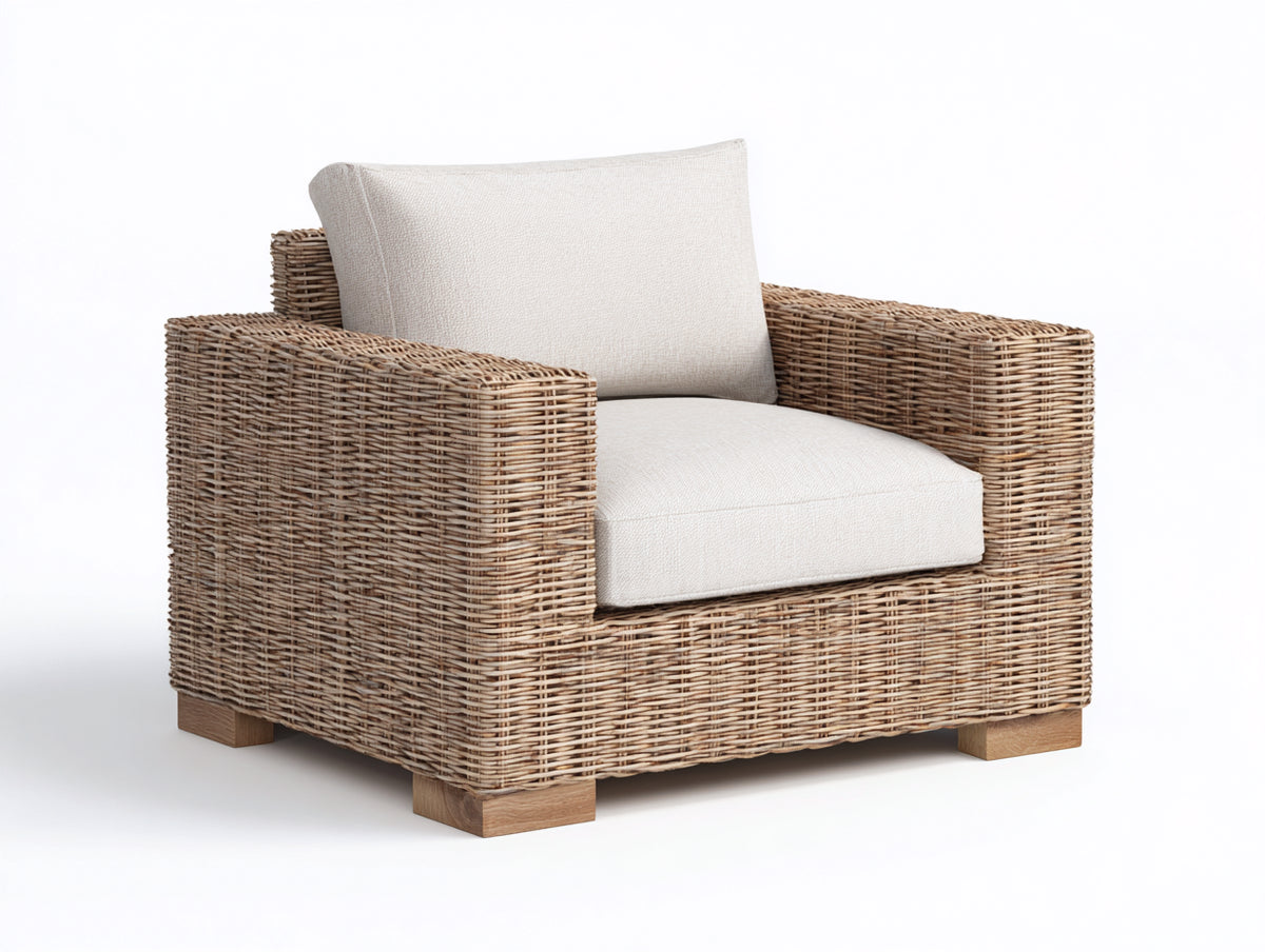 Sillones de ratán con estructura trenzada 95 x 90 x 82 cm - Ratán natural-Beige - Diseño amplio de 1 plaza con reposabrazos y asiento acolchado