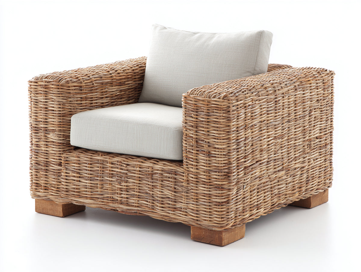 Sillón de ratán 94 x 88 x 80 cm - natural y blanco crema - asiento acolchado con brazos anchos