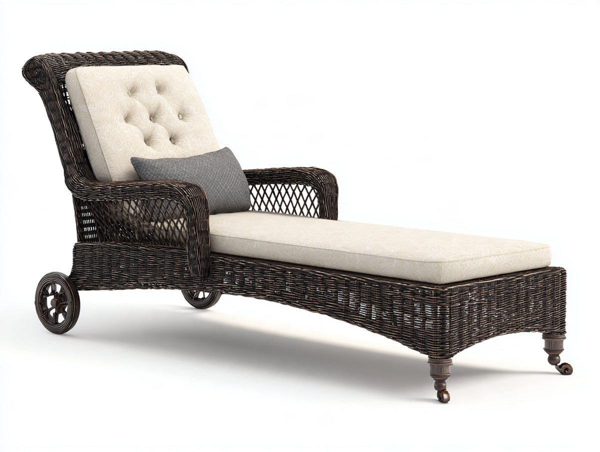 Tumbonas de ratán 190x75x100 cm - Marrón oscuro y crema - Acolchada con respaldo alto y ruedas
