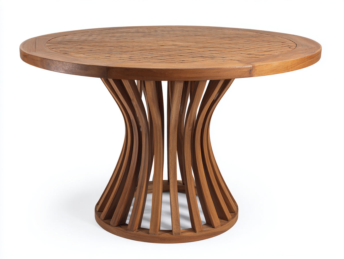 Mesas de jardín de madera maciza 138 x 138 x 75 cm - madera natural - mesa redonda con tablero macizo y base central curvada de lamas